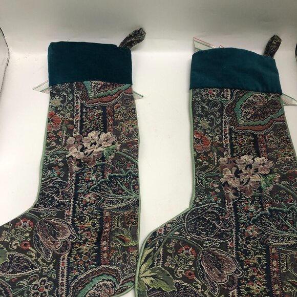 VTG 2 Piece Tapestry Traditional Christmas Stockings Gold Jingle Bell Detail - Picture 6 of 10